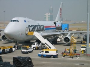 Cargolux aircraft being loaded at Hong Kong International Airport